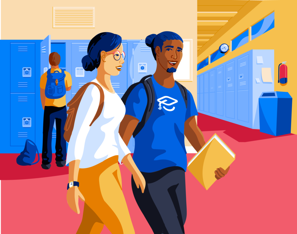 A graphic image of a female and male student walking down a school hallway.