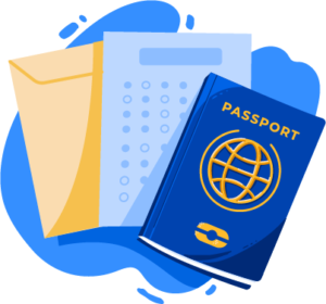 Illustration of travel documents representing part of a packing list for international students to Canada, Australia, the US, the UK, and Ireland.