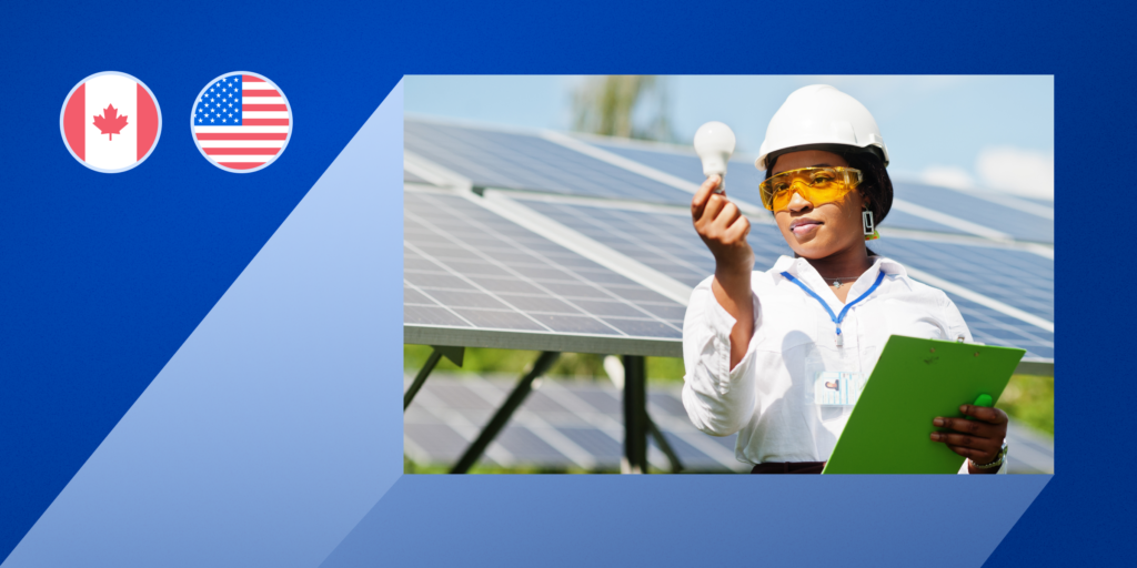 A photo of a female engineering student holding a lightbulb overlaid on a blue graphic with the Canadian and US flags in the bottom left corner.