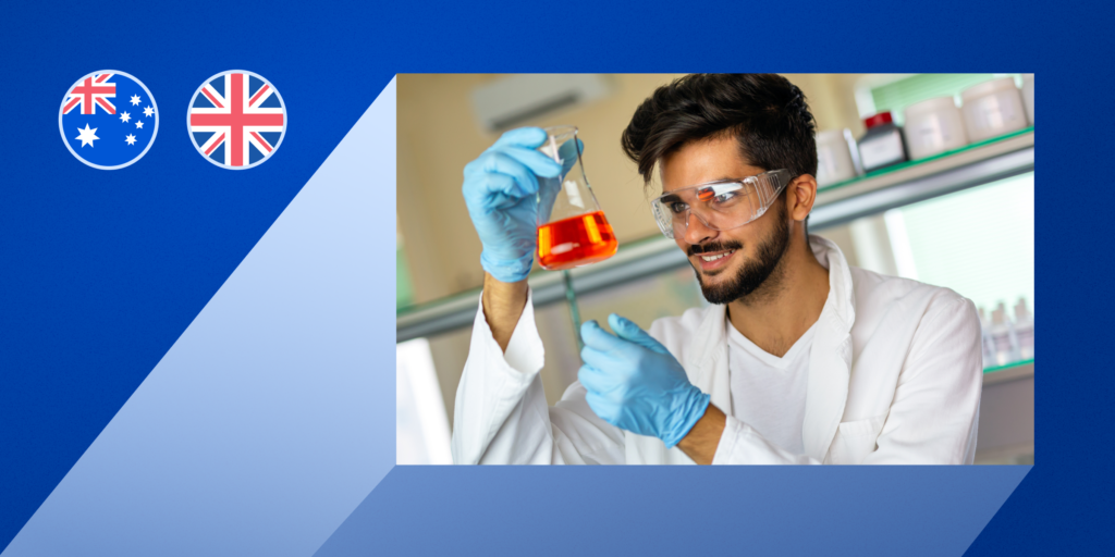 A photo of a male engineering student holding a beaker filled with chemicals laid on a blue graphic with the Australian and UK flags in the top left corner.