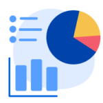 A series of charts (pie chart, bar chart, listing) mostly in blue with some red and yellow highlights.