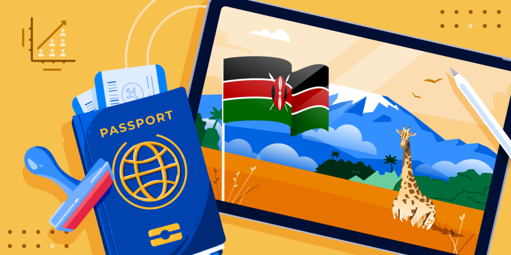 ApplyInsights: Study Permit Trends in Canada – Kenya banner featuring a passport, a stamp, a Kenyan flag, and a postcard with a giraffe