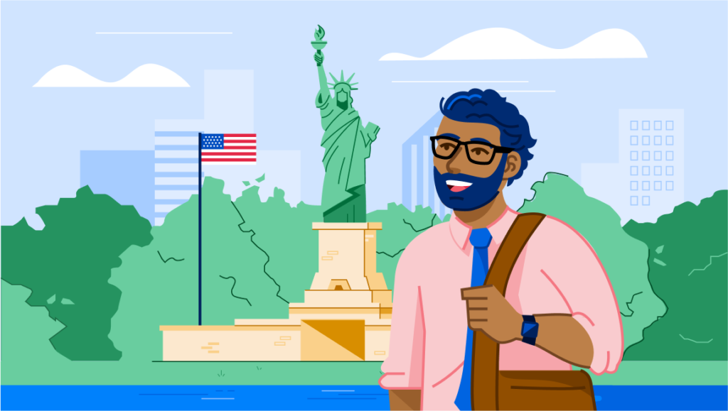 An illustration of a student standing in front of the statue of liberty.