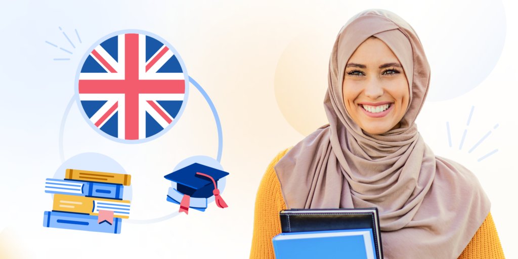 An illustration of a female student with Britain's flag, grad hat, and books graphic behind her.