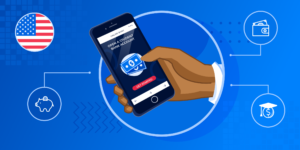 Illustration of someone holding a phone with a US flag in the corner.