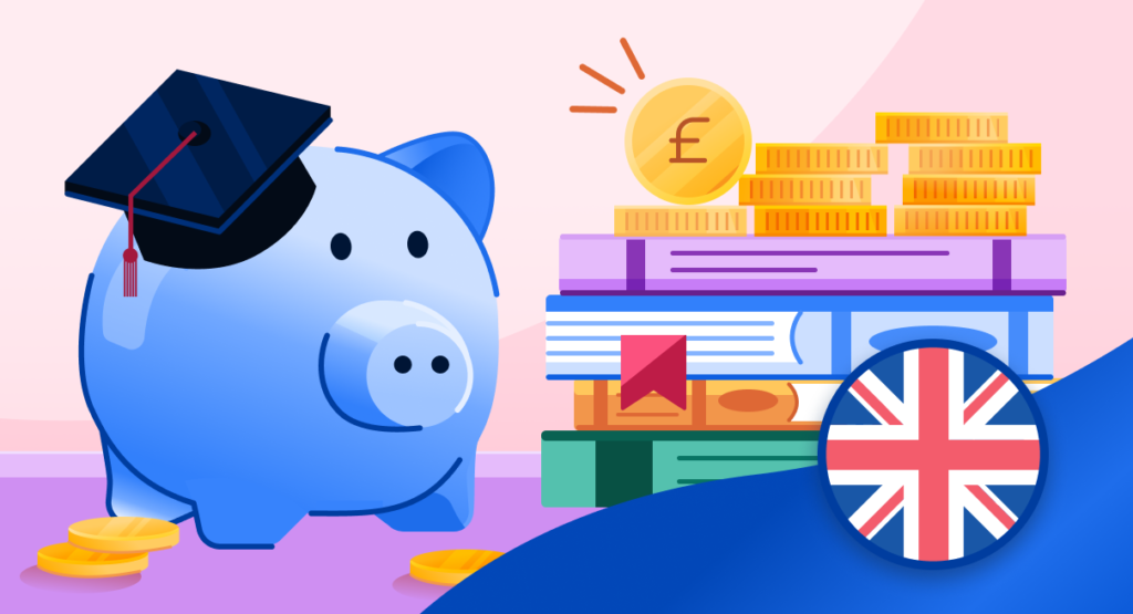 A blue piggy bank wearing a grad cap sits beside a stack of coins and books.