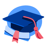 A graduation cap with a red tassel sits behind a closed scroll