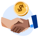 Two hands in a handshake, with a dollar coin hovering over the hands.