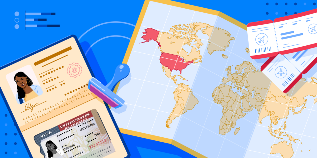 A US passport, a map of the world, and a pair of plane tickets.