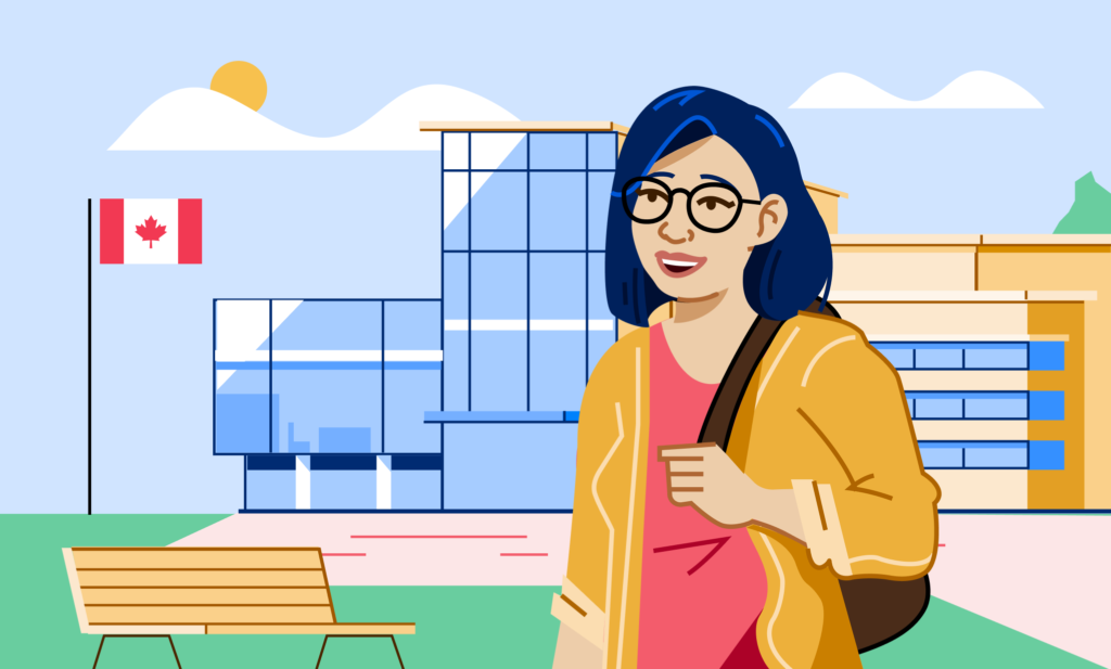 An illustration of a woman wearing glasses, standing in front of a university or college which is flying a Canadian flag, studying there thanks to Canadian scholarships for international students.