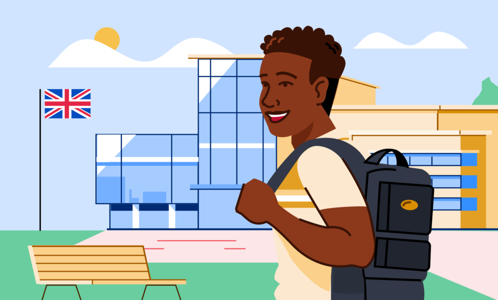 A Black student stands in front of a school building with a UK flag flying overhead.