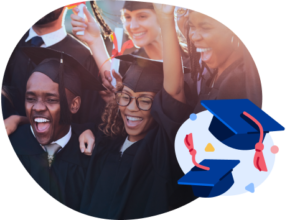 A diverse group of students wearing graduation caps and gowns celebrate together