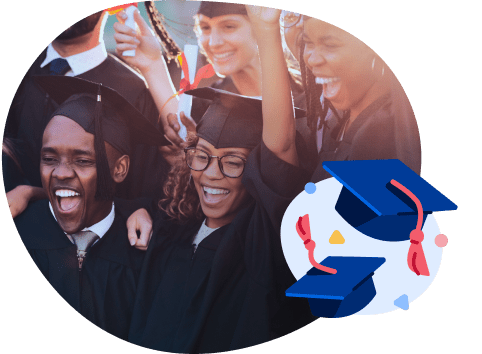 A diverse group of students wearing graduation caps and gowns celebrate together