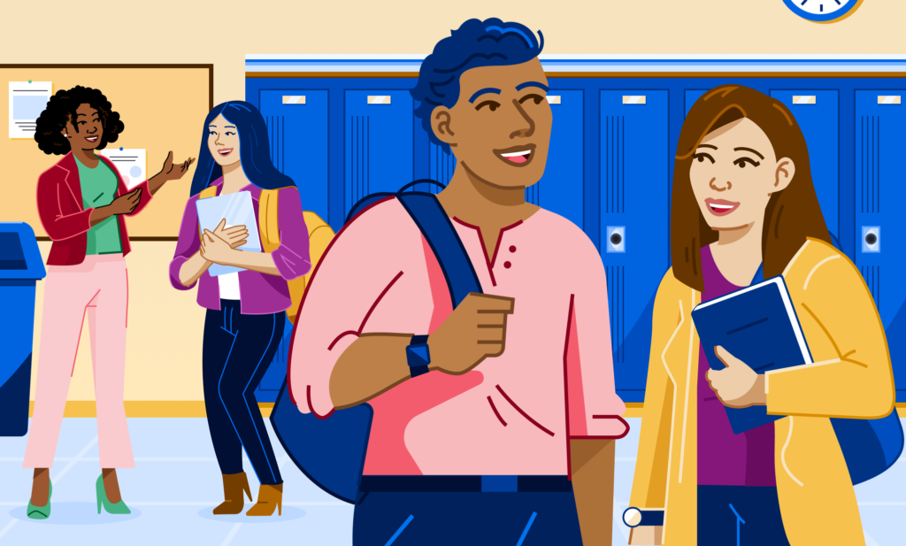 Illustration of students talking in hallway.