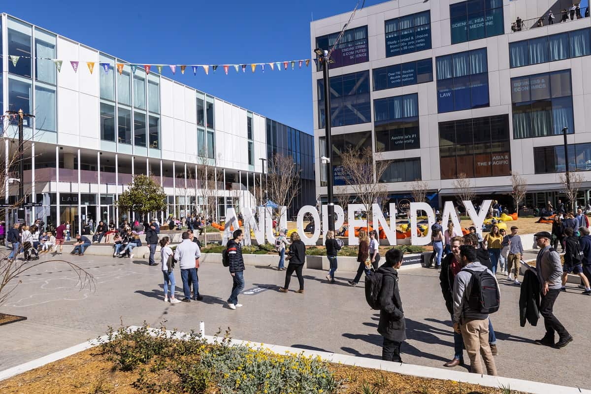 A group of students on ANU's campus on Open Day.