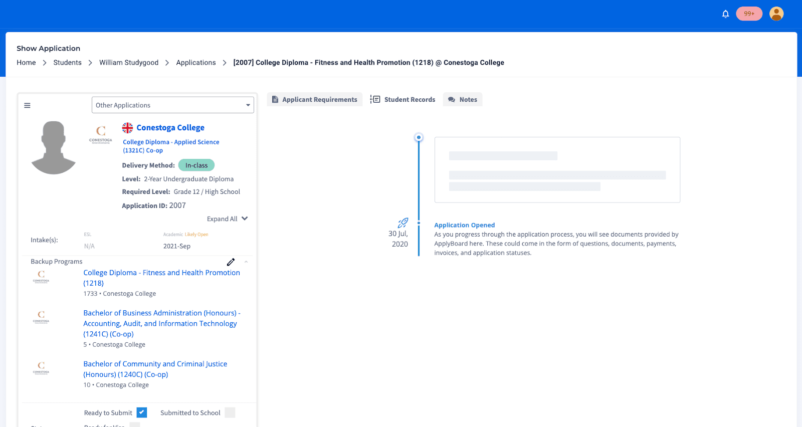 A screenshot of the ApplyBoard's Application Backup Progress Feature.