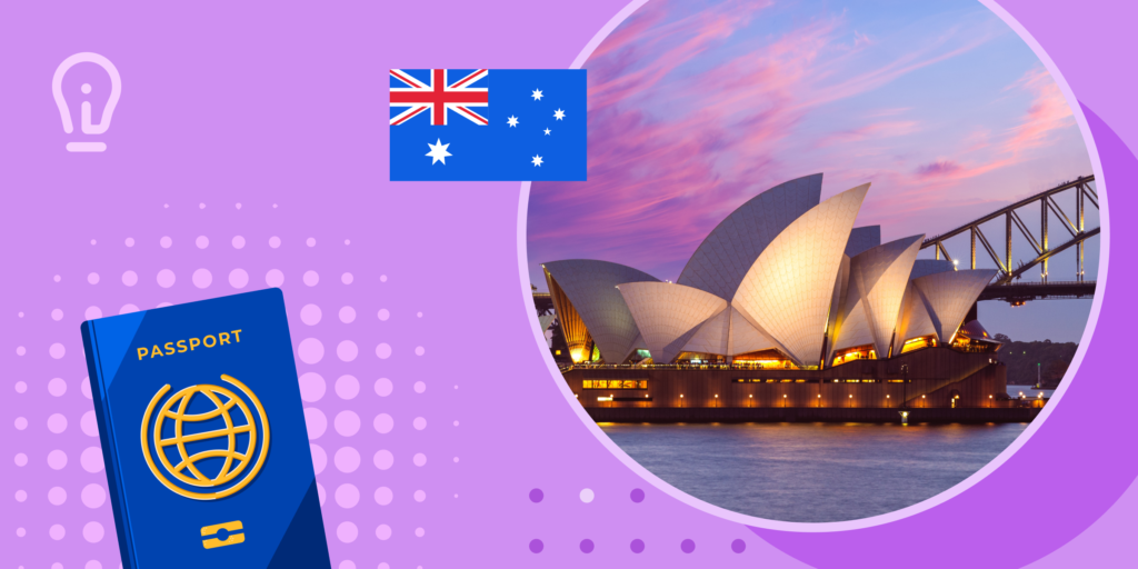 Australia's Recovery banner featuring a photo of the Sydney Opera House, a passport illustration, and the Australian flag