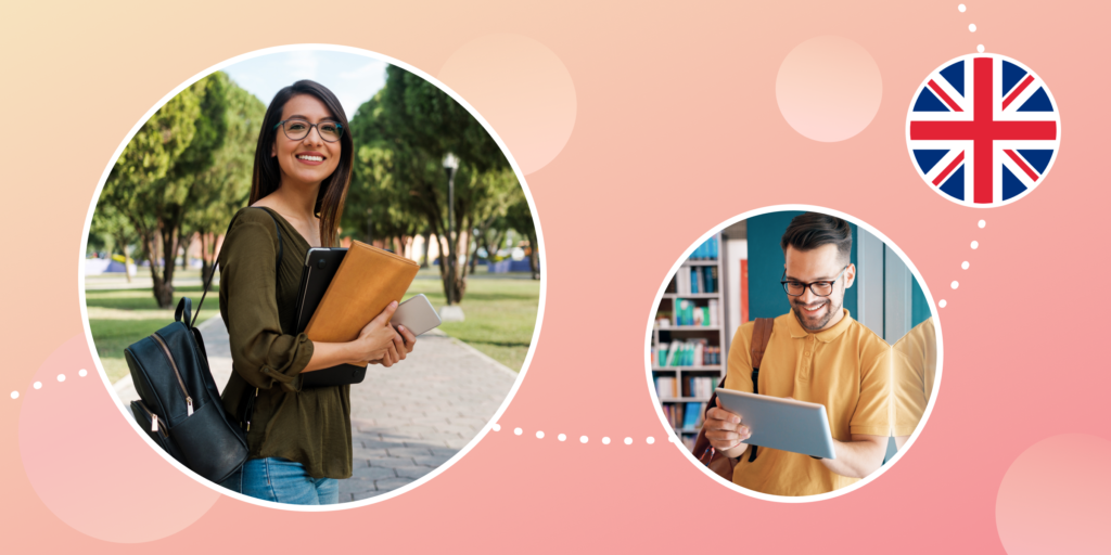 Photographs of two students and a circular representation of the Union Jack flag overlay a light peach background.