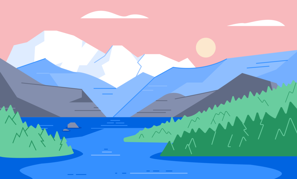 An illustration of Canadian mountains at sunset or sunrise: the sky is pink, the mountains fade to white, and an alpine lake weaves between the mountains.