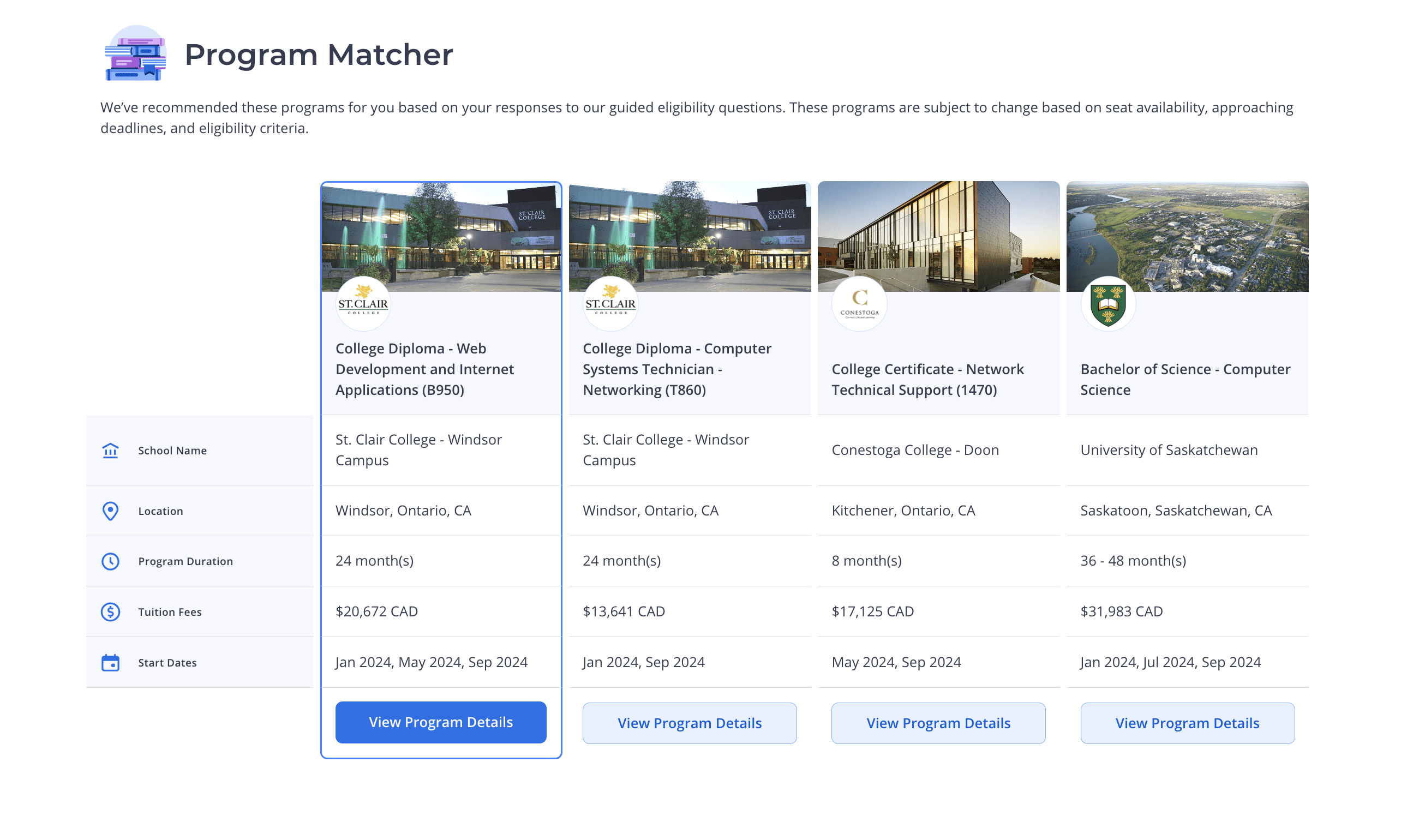 A screenshot of the results from ApplyBoard's Program Matcher.