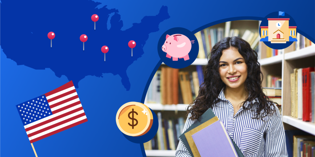 A graphic of the US flag and map and a photo of a woman.