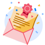 Illustration of a letter with a red seal emerging from a pink envelope.