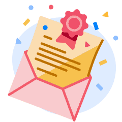 Illustration of a letter with a red seal emerging from a pink envelope.