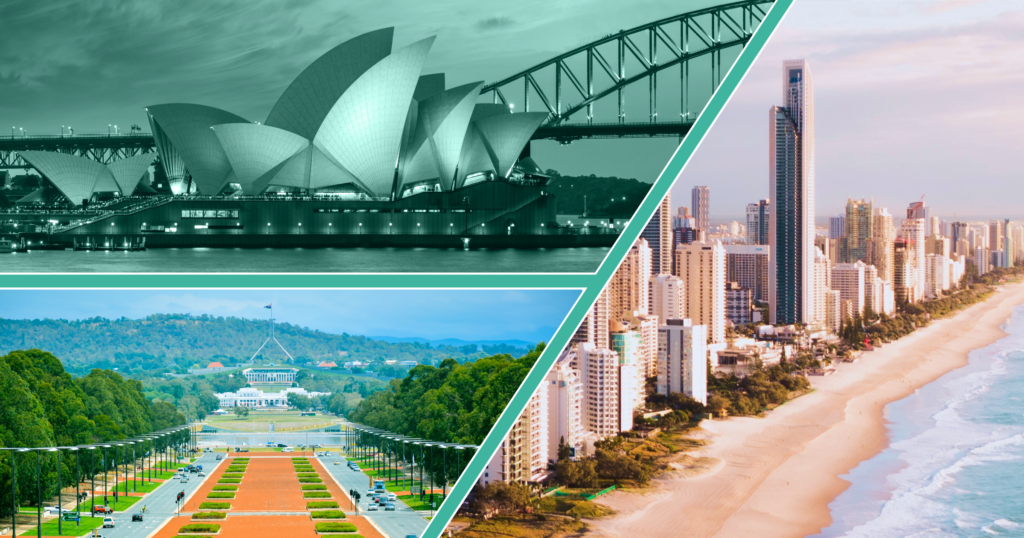 Three photographs of Australian landmarks: the Sydney Opera House, Melbourne's beachfront, and the Parliament buildings.