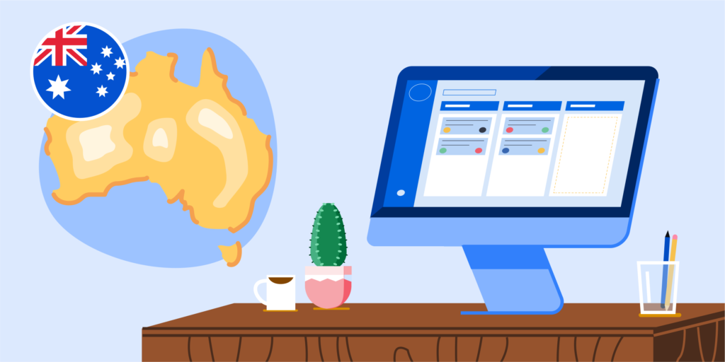 An illustration of a computer on a desk, with a cup of coffee, cactus, a pen holder, and in the top left corners there's an Australian flag overlaid on a globe.