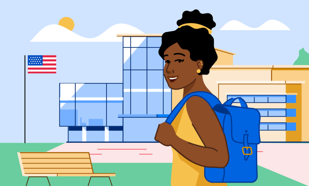 An illustration of a student standing in front of a US school.