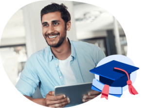 A student holds a tablet in a classroom and smiles offcamera. A graduation cap and diploma are in the forefront.