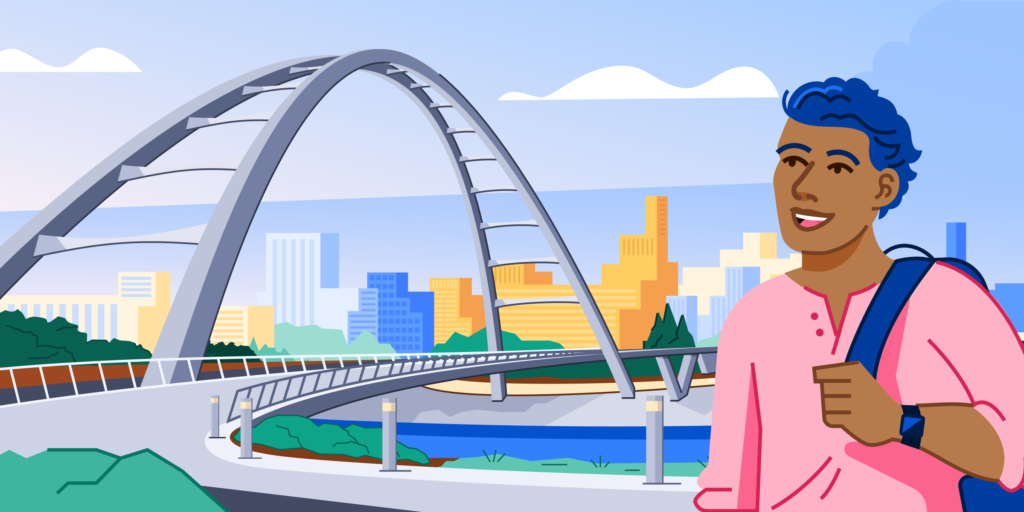 Illustration of a student standing in front of an arched bridge; the Edmonton, Alberta, Canada downtown skyline is in the background.