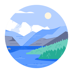 An illustrated scene of snow-capped mountains overlooking hills and a blue lake.