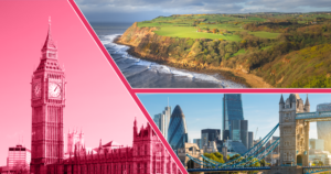 Three photographs of UK cities and countryside.