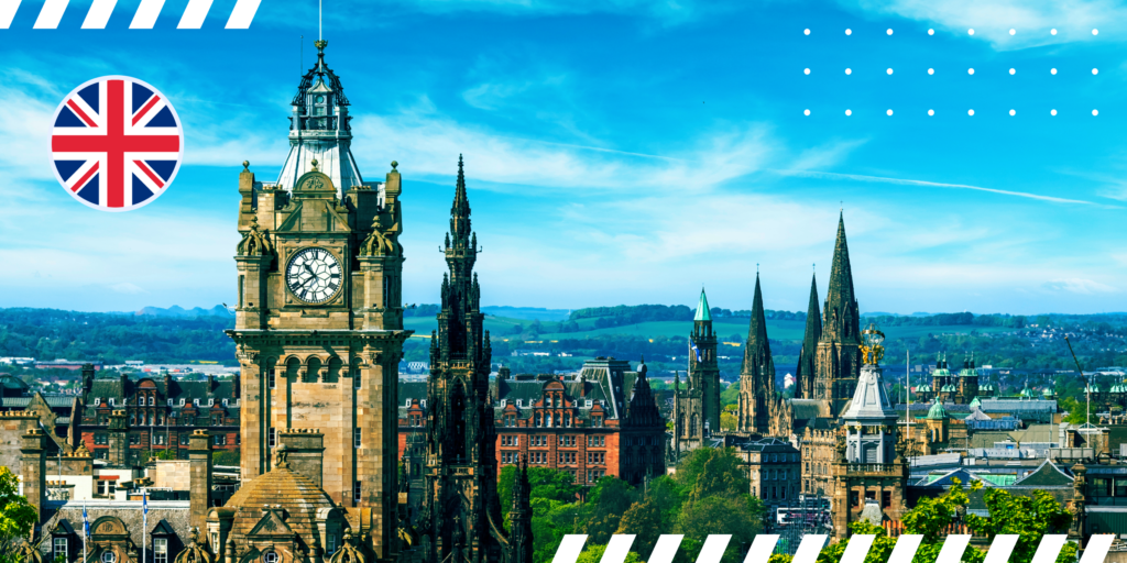 A photo of a city in the United Kingdom with the UK flag illustration in the top left corner.