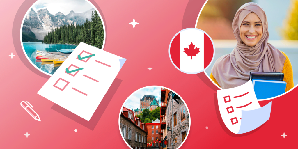 Photos of a lake surrounded by snowy mountains and a city street in Quebec are overlaid with a Canadian flag and checklists. There's also a photograph of a young woman wearing a headscarf and smiling.