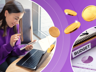 A female international student holds her phone while sitting in front of a laptop, planning a budget for study abroad. She is framed by illustrated coins, and a photograph of a calculator, spreadsheets, and budget books.