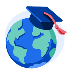 An illustration of planet Earth with a graduation cap on top of it.