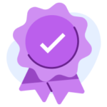 An illustration of a purple ribbon with a white check mark on it.