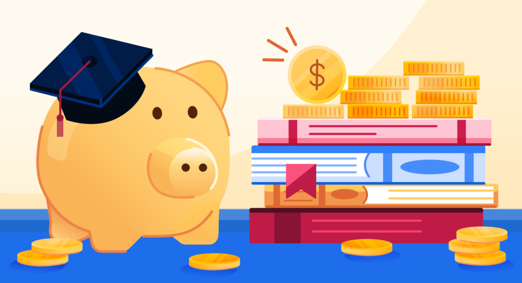 An illustration of a yellow pig with a grad hat on standing beside a pile of books with coins sitting on top.