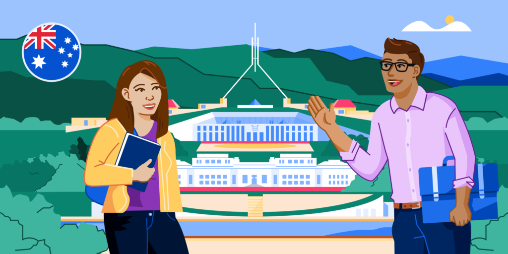 An illustration of the Australian Parliamentary building and grounds, with two students in front of it. An illustration of the Australian flag is in the top corner.