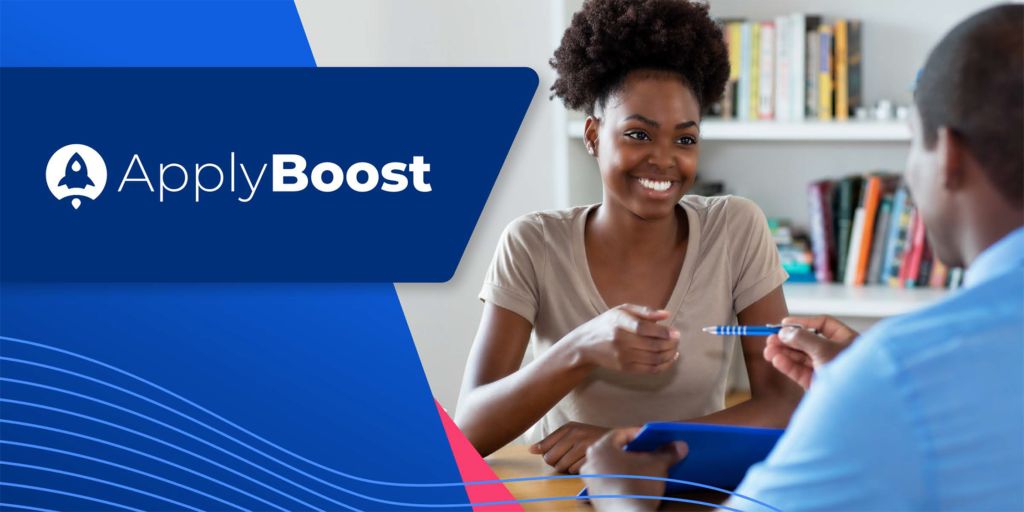 The ApplyBoost wordmark and rocket logo are overlaid on a blue background and a photograph of two students laughing