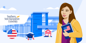 A student stands in front of an illustrated school building.