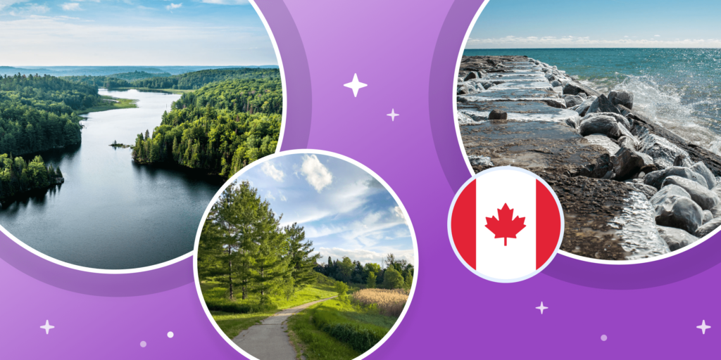 A mix of an illustration of a Canadian flag and photos of beautiful places in Ontario.