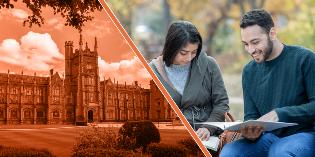 A photo of an Irish university and students studying outside.