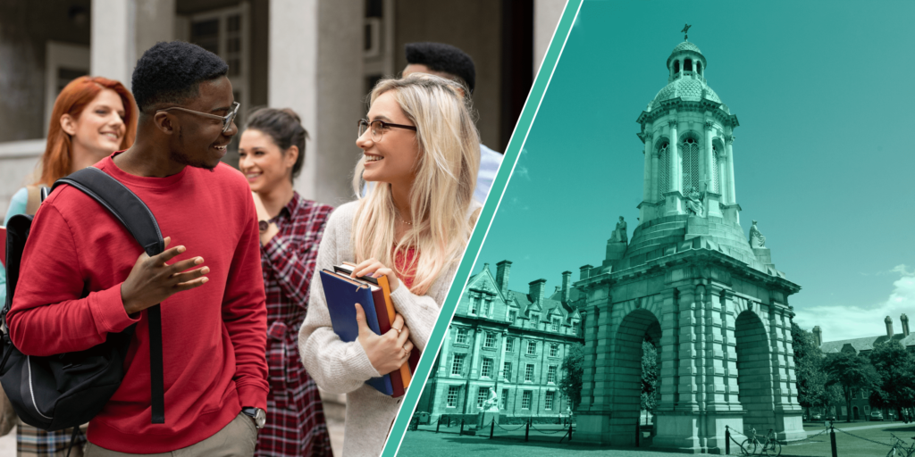 Photos of an Irish building and two students talking while walking through a campus in Ireland.