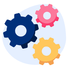 An illustration of blue, yellow, and pink gears to symbolize STEM and technology.