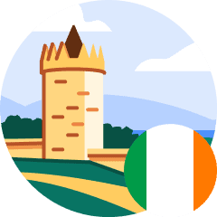 Is Ireland the best country to study abroad in? An illustration of Doonagore Castle in Ireland, and a circular icon of the Irish flag