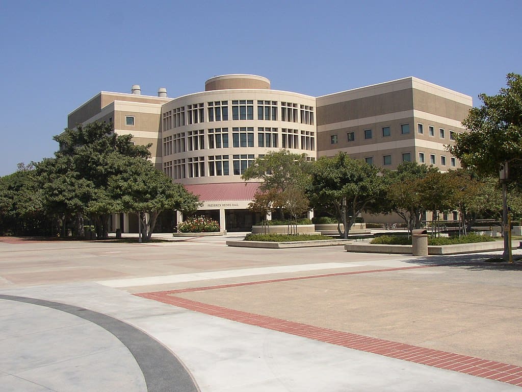 A daytime photograph of a multi-storey university building set on a broad concrete promenade, lined by deciduous trees.