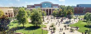 An aerial view of Middle Tennessee State University with students walking on campus.